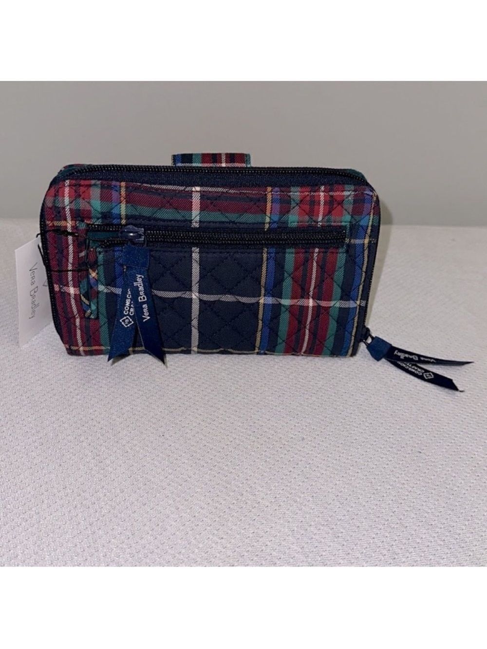 Vera Bradley Tartan Plaid Navy Green Red Turn Lock RFID Large Wallet - Picture 2 of 13